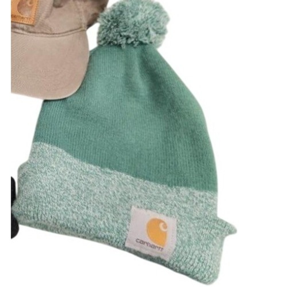 Carhartt Green Two Tone Marled Knit Pom Beanie Cuffed Winter Hat Logo Patch